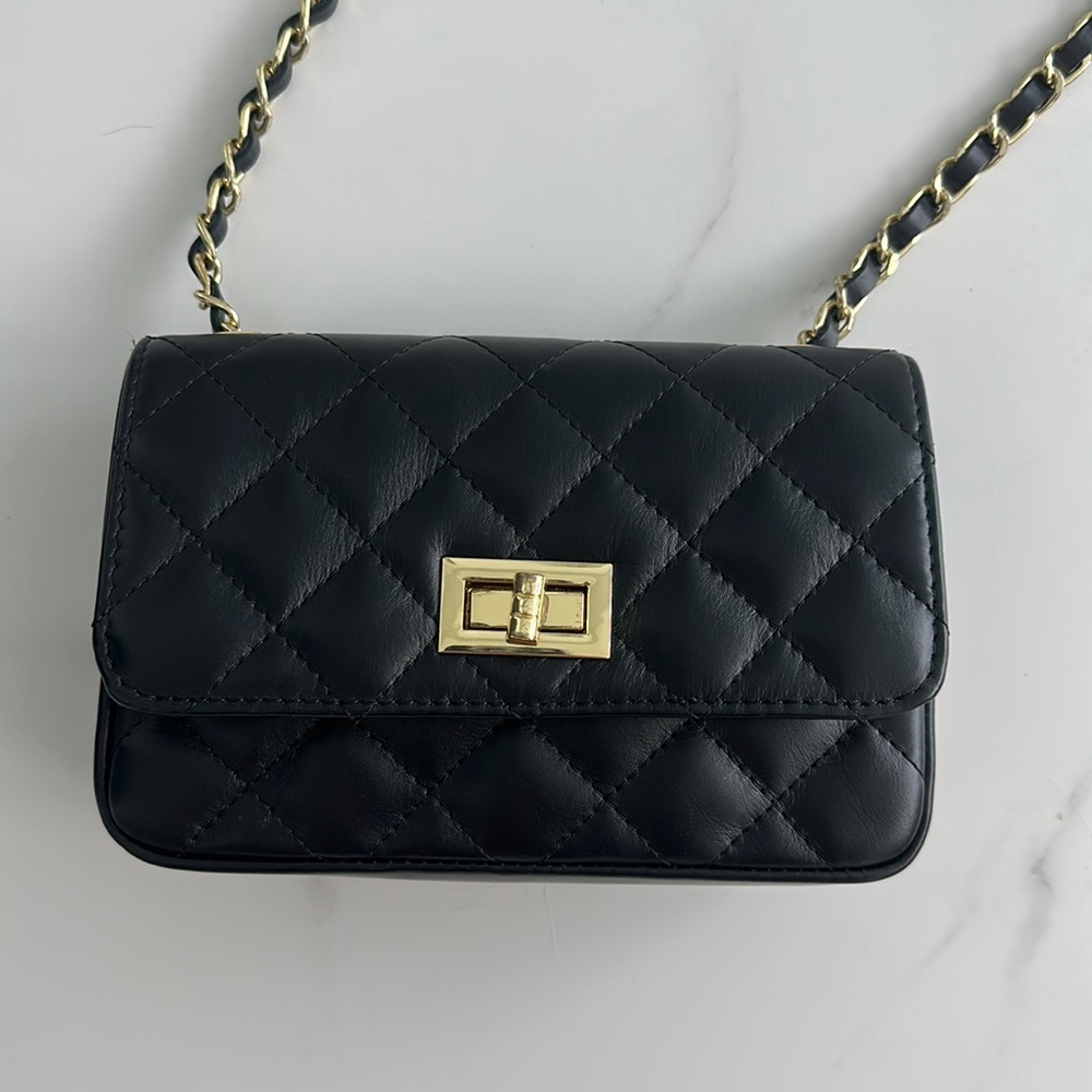 Black 100% leather quilted Crossbody gold chain bag